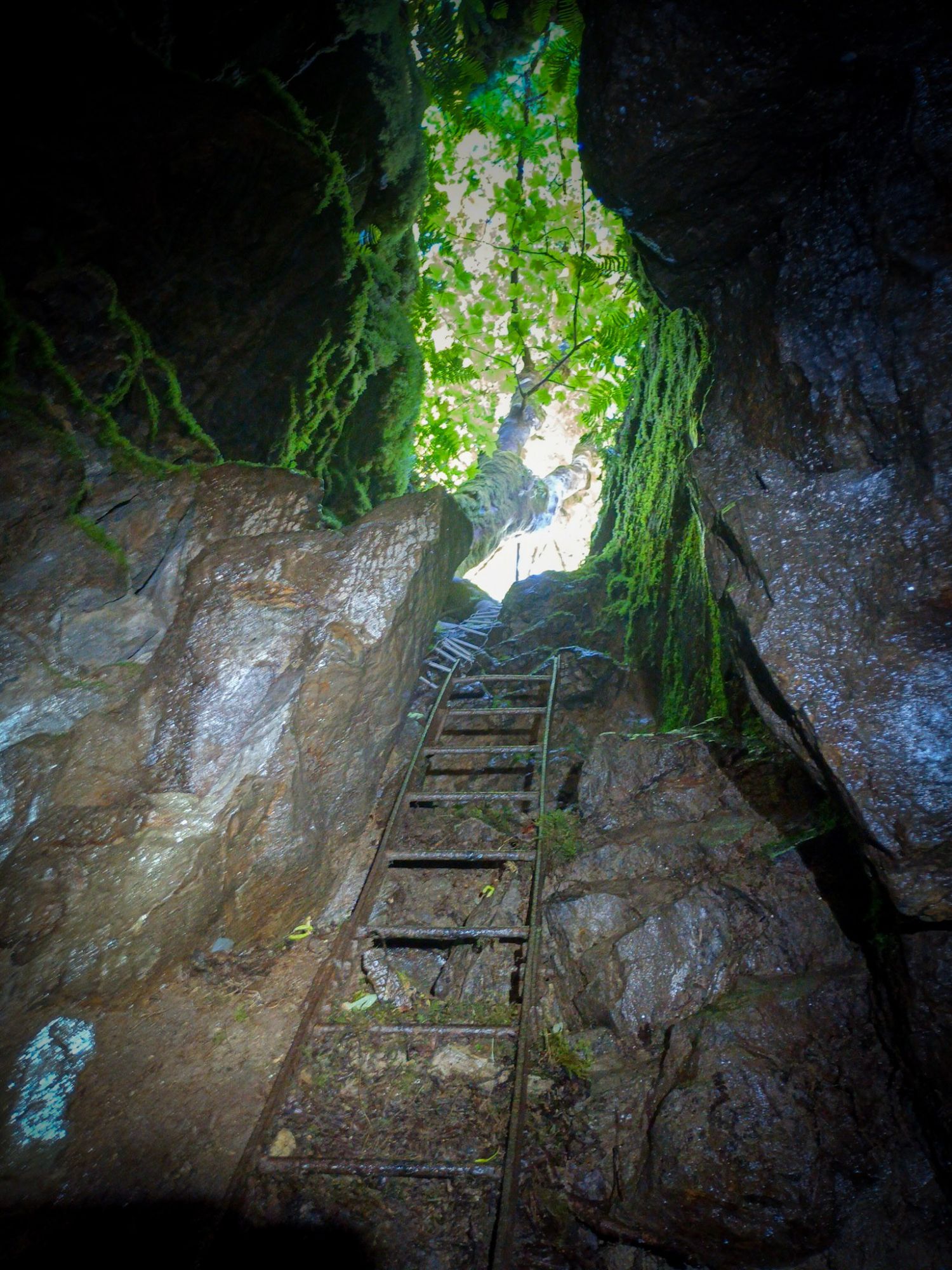 The way to enter Moel Fferna Slate mine, abseiling and a short section of iron ladders, down a pitch into the ground