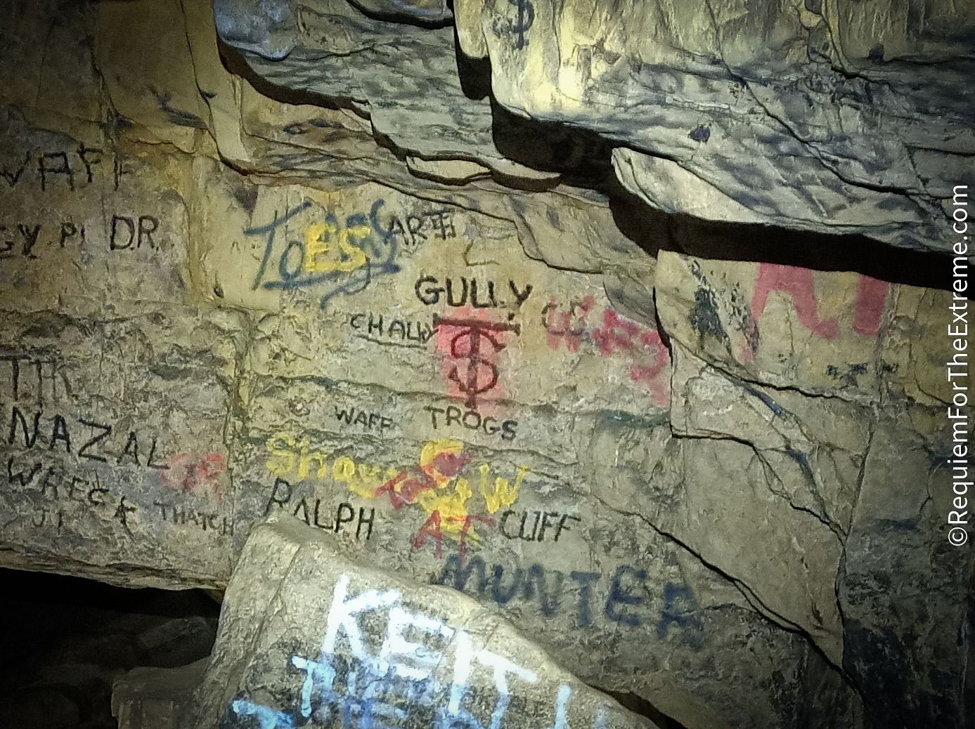 Graffiti featuring the logo of the Troggs / Gully Troggs in Cumberland Cavern, Matlock Bath