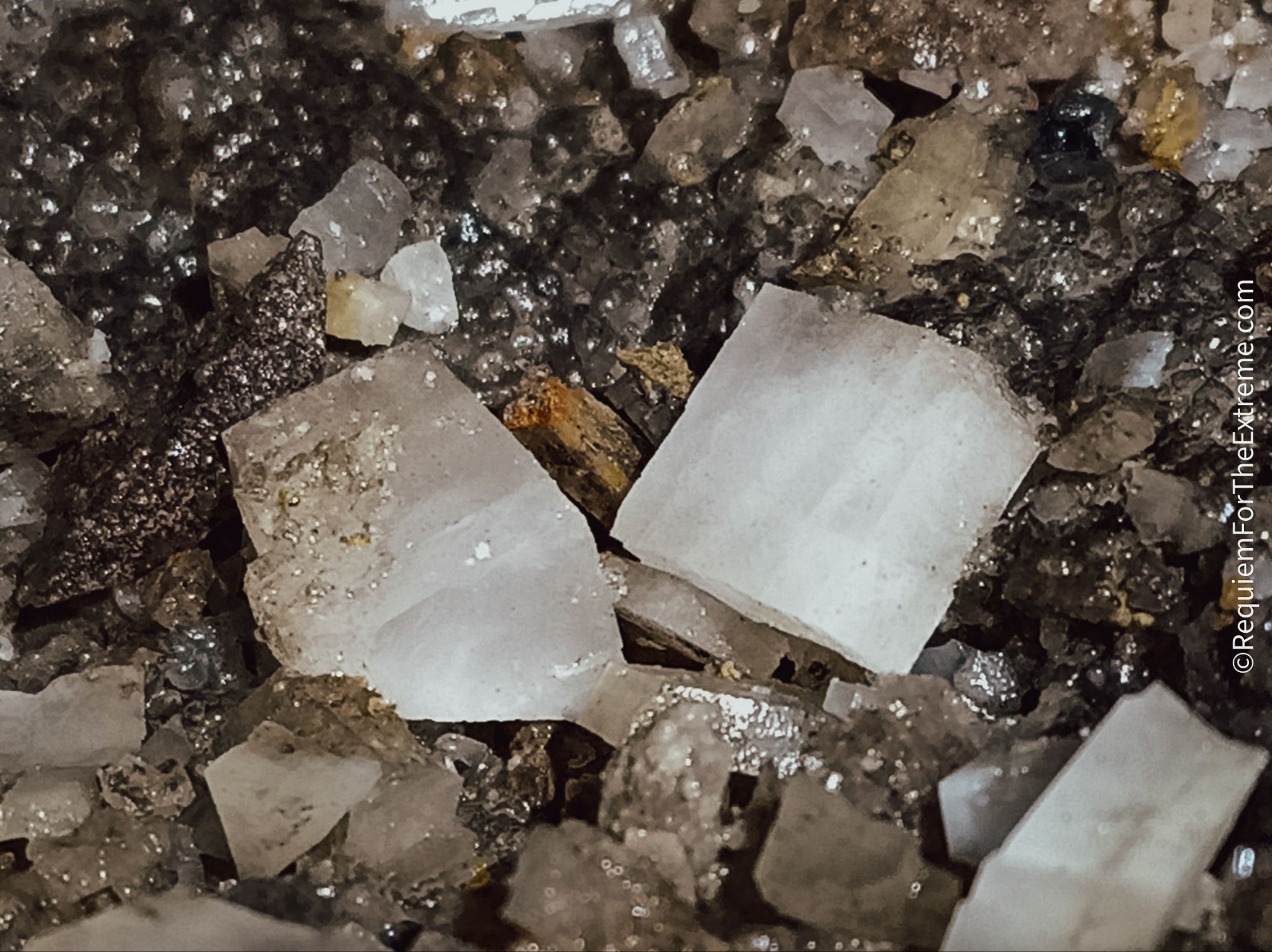 Rectangular crystals close up in Wapping Mine, Matlock Bath